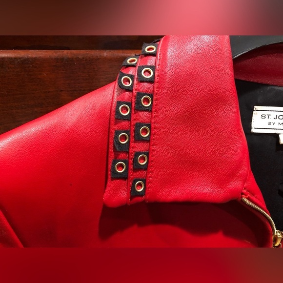 HP🎉 St John Sport by Marie Grey 100% Red Leather Grommet Full Zip Jacket Sz P - Picture 3 of 12